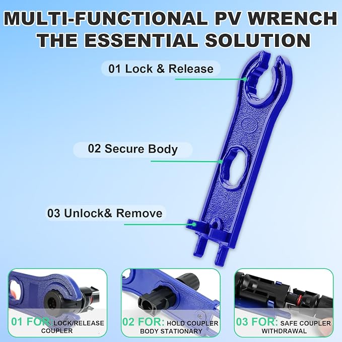35PCS Solar Crimper Tool Kit, Solar Panel Cable MC4 Connectors 14-10AWG, 30 Pairs Male/Female Solar Connectors, 1PCS Solar Crimper, 1PCS Stripper, 2 PCS Spanner Wrench