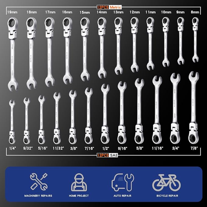 Qnkaa 24pcs Flexible Ratcheting Wrench Set Metric 8-19mm & SAE 1/4" to 7/8" | 180° Flex-Head Spanner, Gear Ring Ratchet, Combination Wrenches Kit,,Cr-V Steel With Pouches