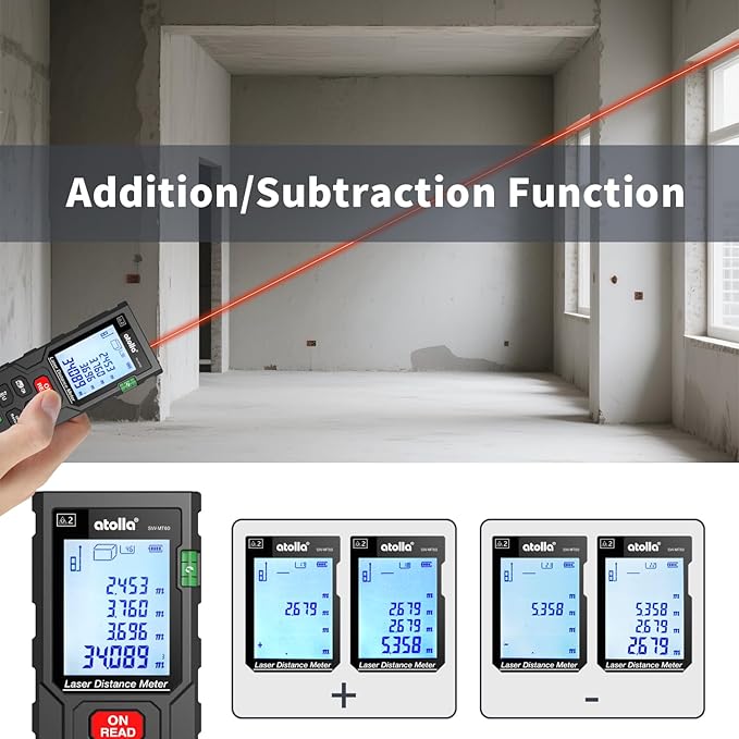 atolla Laser Measure 196Ft, Digital Laser Distance Meter with 2 Bubble Levels,Portable M/in/Ft Unit Switching Backlit LCD, Measuring Distance/Area/Volume/Pythagorean and Waterproof IP54 (Red Laser)