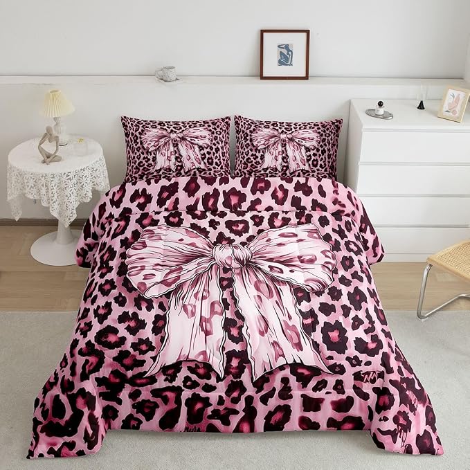 Feelyou Leopard Print Comforter Set King Size Cute Pink Bow Bedding Set for Kids Boys Girls Cheetah Animal Fur Duvet Quilt Bedroom Decor Microfiber 3 Pcs with 2 Pillow Cases