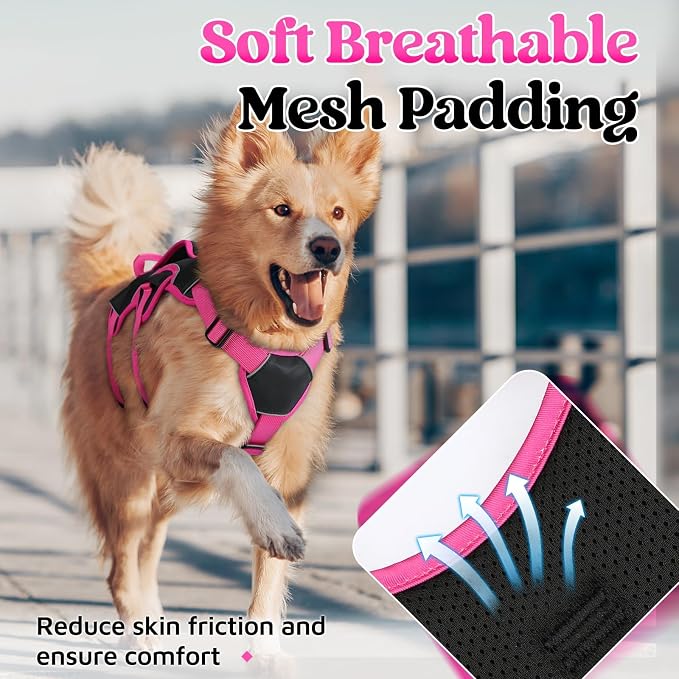 rabbitgoo Escape Proof Dog Harness for Medium, No Pull with Lift Handle | No Escape, Full Soft Padded, Reflective Adjustable Vest, Leash Clip for Walking Hiking Training, Rose & Black, Medium