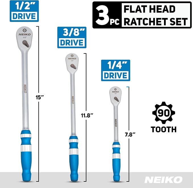 NEIKO 03006A Flat Head Ratchet Set - 3 Piece Low Profile 1/4, 3/8, 1/2 Inch Drive, 90 Teeth, Anodized Textured Grip Handle, Long Handle, Sealed Head, Cr-Mo