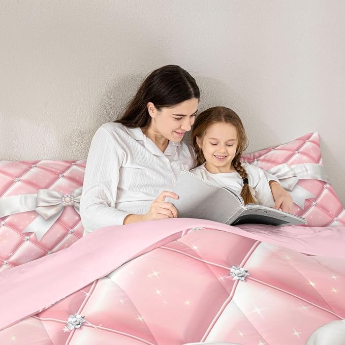 Feelyou Bow Comforter Set King Size Glitter Bowknot Bedding Set for Kids Boys Girls Princess Duvet Quilt Bedroom Decor Microfiber 3 Pcs with 2 Pillow Cases