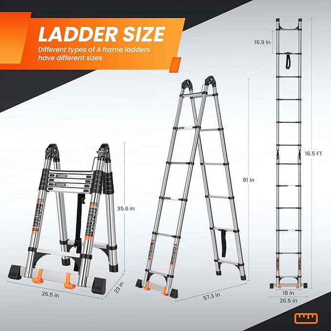Telescoping Ladder 16.5 FT A Frame, Extension Multi-Purpose with Balance Bar Heavy Duty 330 lbs Max Capacity for Home and Outdoor Work, Silver
