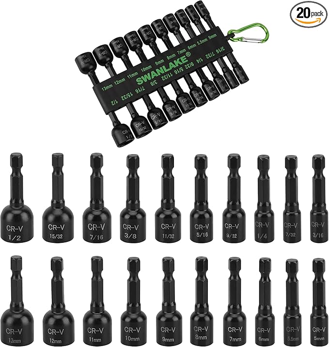 20-Piece Magnetic Nut Driver Set, Metric & SAE 1/4" Hex Shank, Drill Socket Set, Impact Driver Bit Set, Magnetic Bit Holder with Aluminum Alloy Snap Clip, Quick Change Tool