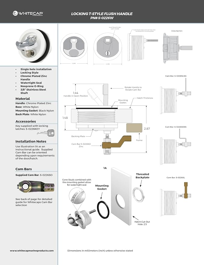 Whitecap T-Handle Latch - Chrome Plated Zamac/White Nylon - Locking - Freshwater Use Only | White nylon components, marine cabinet and furniture hardware, designed for freshwater boat use only