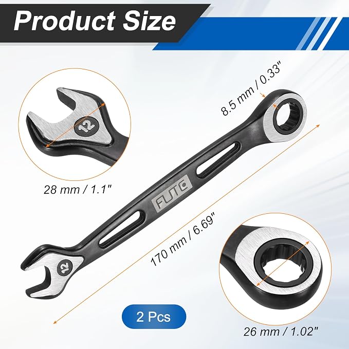 HARFINGTON 2Pcs Ratcheting Combination Wrench 12mm Stubby Wrench Metric High Carbon Steel Double 12-Point Box Open-Ended Ratchet Spanner Tool for Household Garage Workshop Auto Repairs, Black