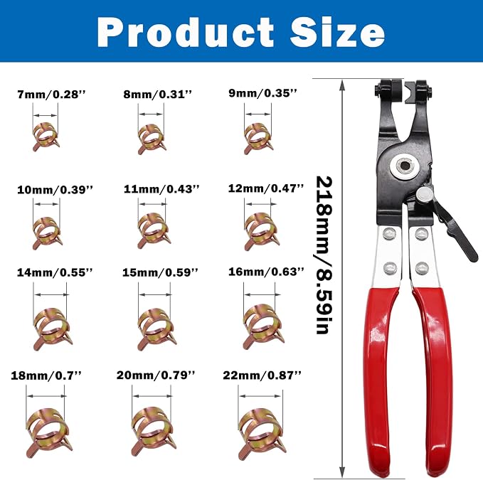 Tnisesm 121Pcs 6-22mm Spring Hose Clamp Assortment Kits with Swivel Flat Band Fuel Hose Clamp Plier, Silicone Vacuum Hose Action Pipe Clamp Low Pressure Air Clip Clamp for Hose Clamps