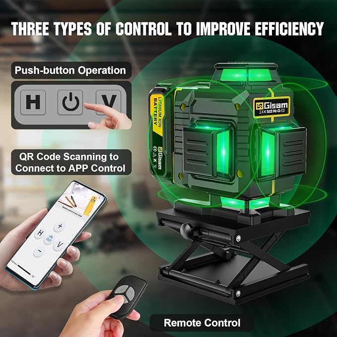 Gisam Laser Level with Tripod- 360° Rotating Window, Lazer Leveler Tool with Pulse Mode, 4D 16-Line Self Leveling Green Lazer Level with 2 * 4800mAh Batteries for Construction Tiling Home Renovation