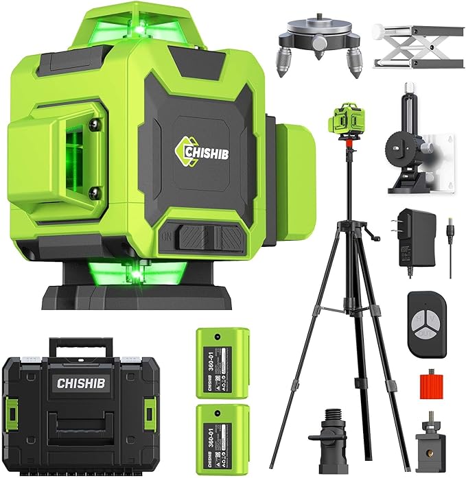 Laser Level with Tripod, Self Leveling Laser Level 4x360°, Green Line Laser 4D Laser Leveler Tool with 2Pcs Lithium Batteries for Picture Hanging, Tile, Home Renovation, Indoor
