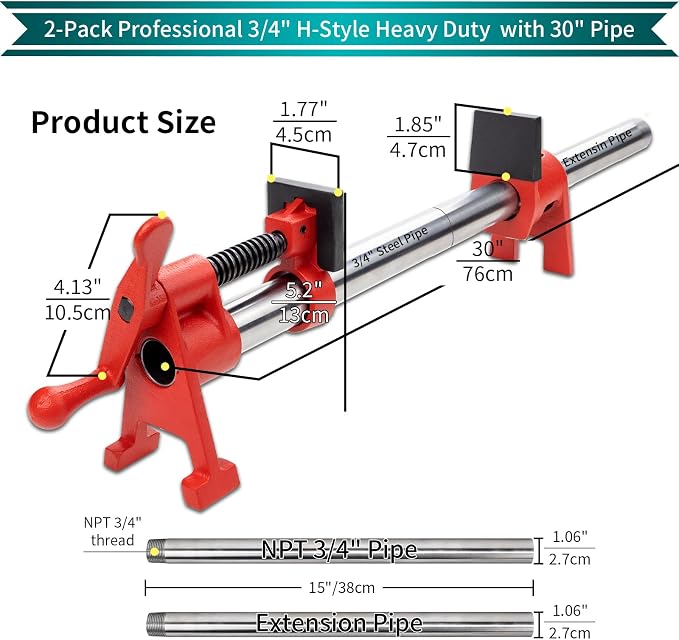 3/4"x24" Wood Gluing Pipe Clamp Fixture for Woodworking | 2-Pack 3/4" H-Style Cast Iron Pipe Clamp Set with Extension Pipe for Cabinet,Furniture&Carpentry, 1766LBS Load Limit