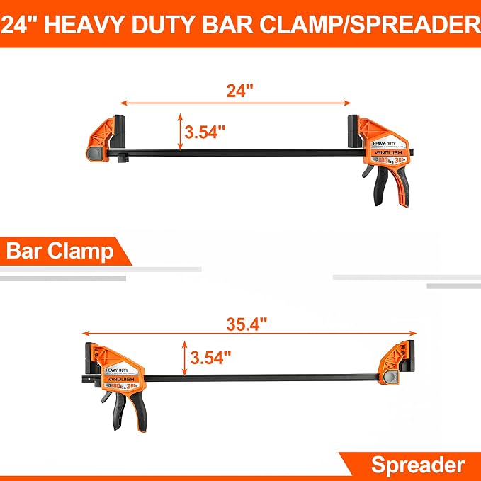 VANQUISH 24" One Hand Clamp/Spreader, 600Lbs Clamping Force, 3.4in. Throat Depth Heavy Duty Quick Release Bar Clamps, Tools & Equipment for Woodworking, Carpentry, Home Improvement, DIY