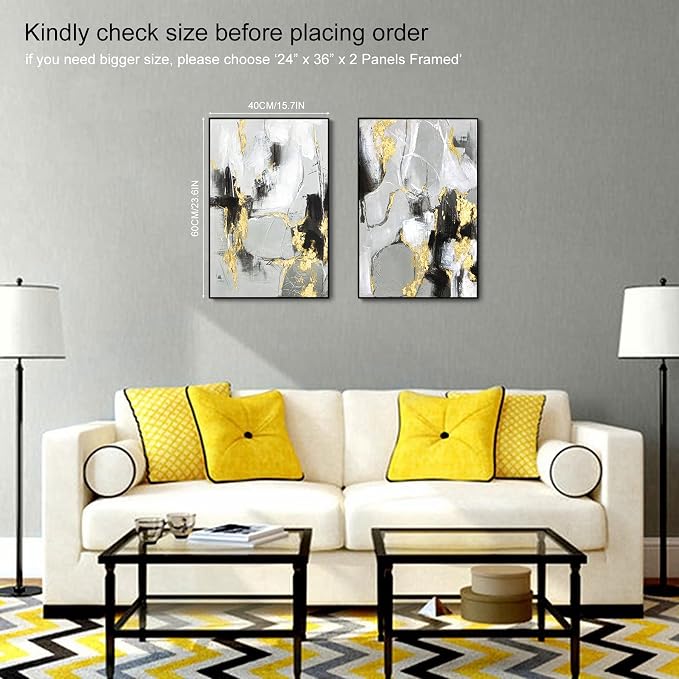 Zessonic Black and Gold Abstract Wall -Art Decor- 2 Pack 16 x 24 inches Black and White Canvas Wall Decor with Gold Foil for Living Room, Bedroom, Office, Framed, Ready to Hang
