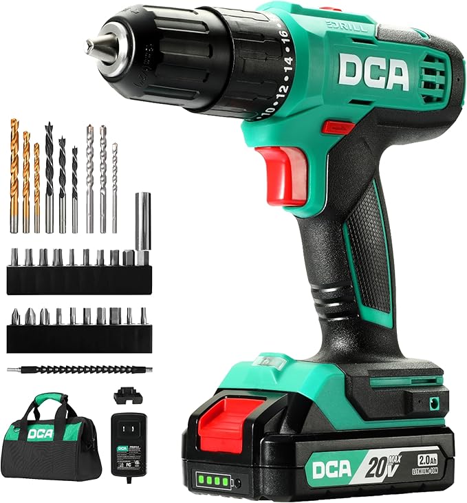 DCA 20V Cordless Hammer Drill Set, 354 In-lb Torque, 1/2" Keyless Chuck, 22500 IPM, 2 Variable Speeds, 18+1+1 Position, 14 Drill/Driver Bits for Brick, Metal, Wood ADJZ2035i13 (Renewed)