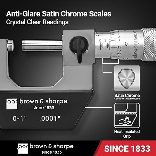 Brown & Sharpe Mechanical Outside Micrometer, 0-1 Inch, 0.0001 Inch Graduation, Tungsten Carbide Measuring Faces, Ratchet-Stop Mechanism, Satin Chrome Finished Scale
