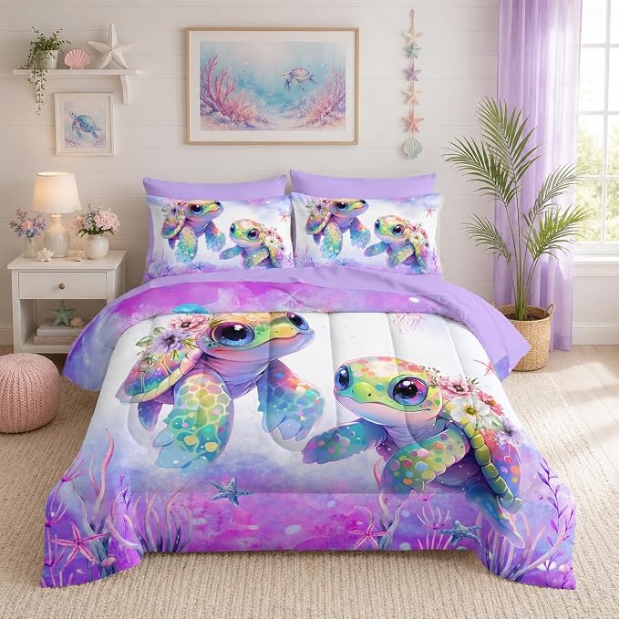Sea Turtle Bedding Queen Comforter Set 7 Piece,Coastal Beach Themed Bed Set for Kids Girls Room Decor,Cute Bedding with 1 Comforter,1 Flat Sheet,1 Fitted Sheet,4 Pillowcases.