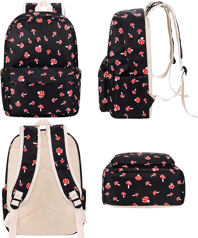 Mushroom School Backpack for Teen Girls, Bookbag with Lunch Box and Pencil Case