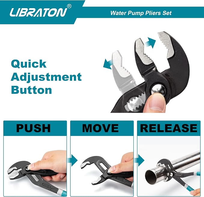 Libraton CR-V Steel Plumbing Pliers Set - Groove Joint & V-Jaw Tongue & Groove Pliers, Pipe Grips, Ratcheting Push Button Adjustment, 3PCS