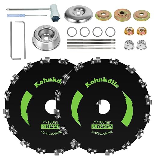 2 Pack 7“ x 16T Carbon Steel Chainsaw Brush Cutter Blade for Weedeater +4 Round Files + 2 Set Adapter Kits for Cutter, Trimmer, Weed Eater