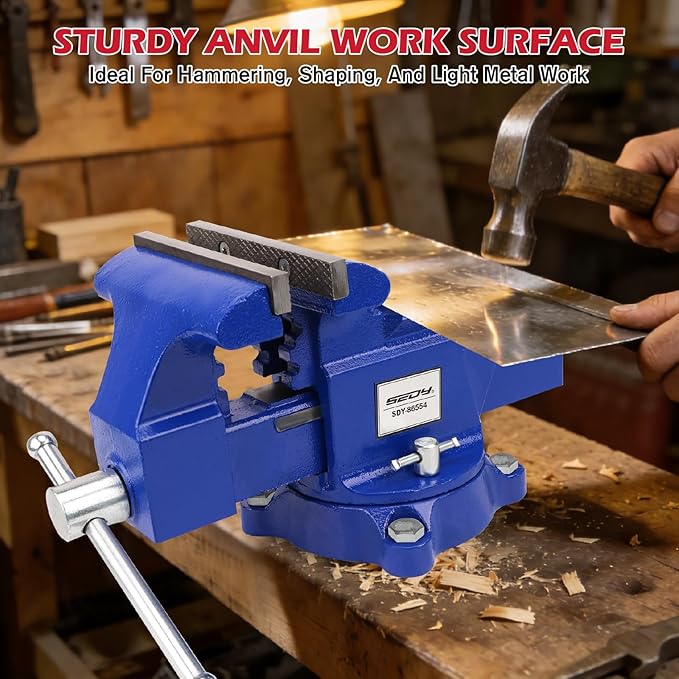 6-Inch Bench Vise with Jaw Pads, Heavy Duty Workbench Vise with Anvil, 360° Swivel Locking Base, 4500 lbs Clamping Force Bench Vice for Woodworking, Drilling, Pipe Cutting