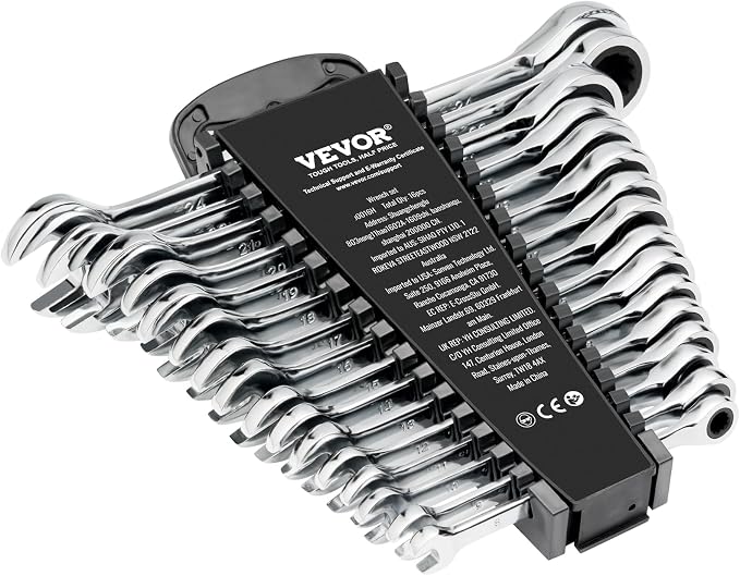 VEVOR Combination Wrench Set, 16-Piece Ratcheting Wrench Set with Organizer Rack, Cr-V Steel, Metric 8 mm to 24 mm, Ideal for General Household, Garage, Workshop, Auto Repairs, Emergency