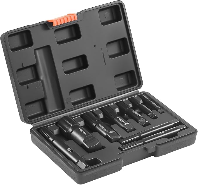 VEVOR Pipe Extractor Set, 9 Pieces Heavy Duty Steel Broken Pipe Extractors, with Solid Storage Case, Cr-Mo Steel for Removing 1/8" to 1" Damaged Threaded Pipes and Fittings, for Plumbers Mechanics DIY