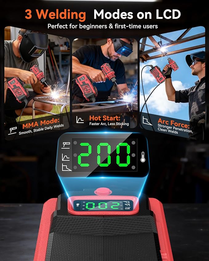 Portable Welding Machine:【2026 Upgraded】110V Handheld Welder with Balanced Design, LCD Display & 3 Modes (MMA/Hot Start/Arc Force), 200A IGBT Inverter ARC Welder Gun Fits 1/16"-1/8" Rods, Red