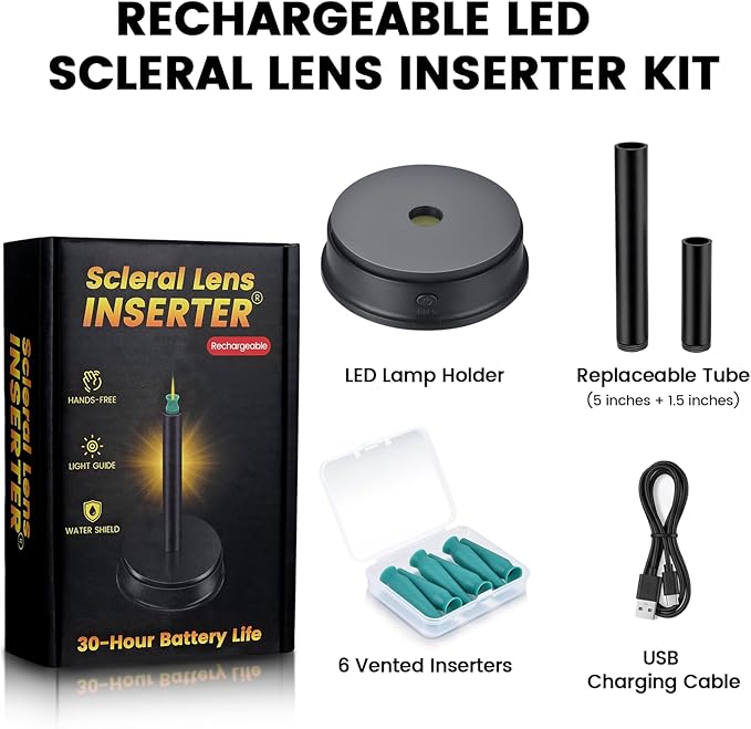 Rechargeable LED Scleral & RGP Contact Lens Inserter Kit – Hands-Free Lighted Stand with 2 Interchangeable Tubes & 6 Vented Scleral Sticks, USB Charging, BPA-Free Lens Application Tool