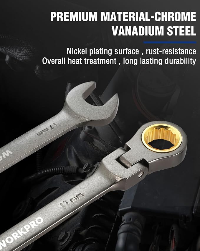 WORKPRO 17 mm Flex-Head Ratcheting Combination Wrench, Nickel Plating | Cr-V Constructed, 72-Teeth, 12 Point Design, Metric, For Home Improvement, Auto Repairs, Plumbing, Constructions, Machinery