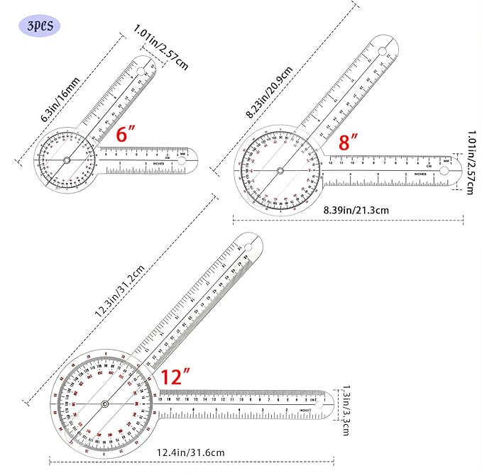 Goniometer Set 3 Pieces of 6/8/12 Inch, Transparent Orthopedic Angle Ruler Plastic Goniometer, 360 Degree Clear Protractor Physical Therapy for Body Measuring Tape Goniometer Protractor Ruler
