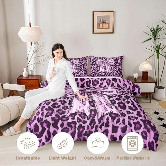 Feelyou Leopard Print Kids Comforter Set King Size Purple Cheetah Print Bedding Set Bowknot Duvet Quilt for Kids Boys Girls Bedroom Decor Microfiber Ultra Soft Breathable