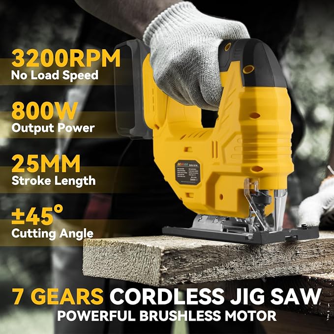 Cordless Jig Saw for Dewalt Battery, 7 Speed Variable Up to 3200RPM, LED Light, 45° Bevel Cuts, 3 Orbital Motions, with Jig Saw Blade for Straight/Curve/Circle Cutting(Battery Not Include)