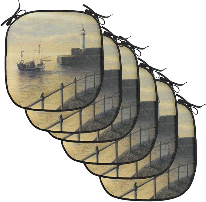 Lunarable Lighthouse Chair Cushion Pads Set of 6, Fishing Boat Leaving The Port in Mevagissey at Early Morning Sunrise View Landscape, Anti-Slip Seat Padding for Kitchen & Patio, 16"x16", Cream