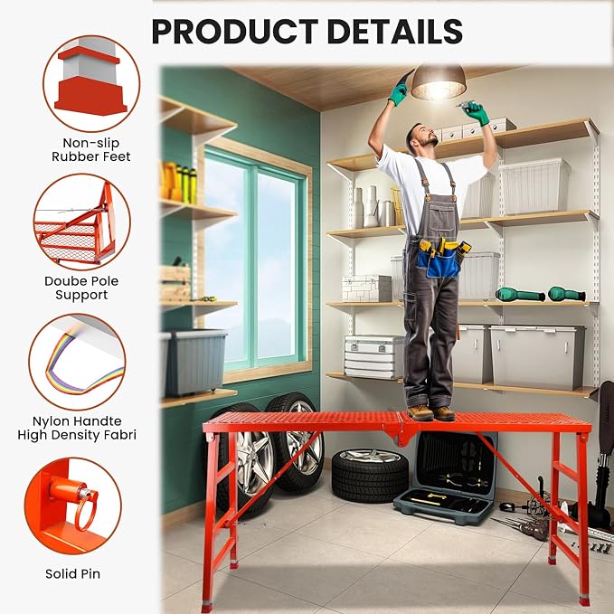 Foldable Scaffolding Platform, 70.8x15.2x36.2-62 Inch Portable Work Platform, 770 Lbs Capacity, Adjustable Height Industrial Step Ladders, Ideal for Painting, Wiring and Home Decor, Red