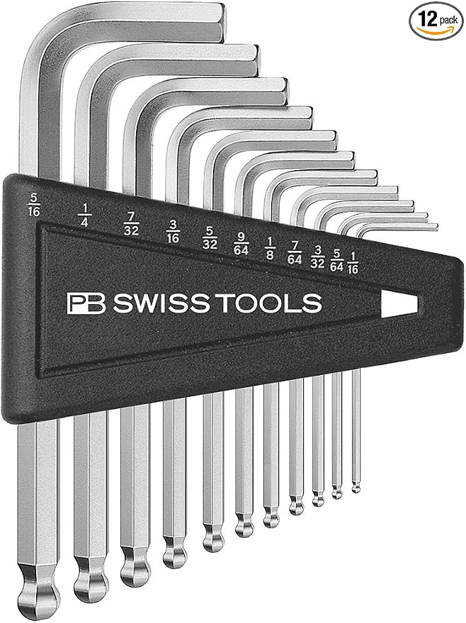 PB Swiss Tools Hex Key L-Wrenches with Ball End PB 212Z.H-12 CN | 100% Swiss Made | 12-Piece Allen Key Set (Inch) Size 1/20" to 5/16" in Practical Holder