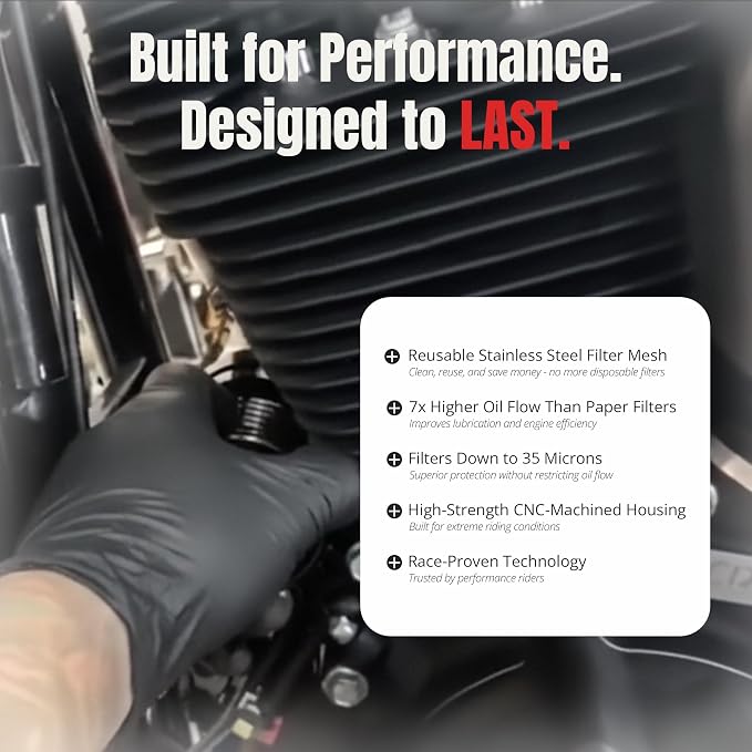 PC Racing FLO PCS4BC Reusable Harley Oil Filter Black Spin-On | Black Billet Aluminum, Magnetic Prefilter, High-Flow Stainless Mesh, Twin Cam & M8, Reusable Spin-On Filter