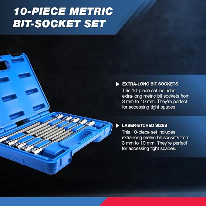 Neiko 10077A 3/8” Drive Metric Extra Long Allen Hex Bit Socket Set | 10 Pieces | Sizes 3mm – 10mm | Shaft Length 6” | Premium S2 Steel Bits | Heavy Duty Cr-V Sockets | Exceeds ANSI Standards