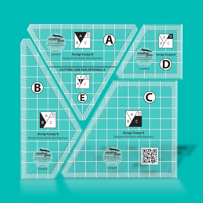 Creative Grids Scrap Crazy 6 Template Set Quilt Ruler – CGRMT6 – Made in USA, 6in x 9in, Non-Slip Grip Acrylic Quilting, Sewing, Crafting, Patchwork Ruler & Template