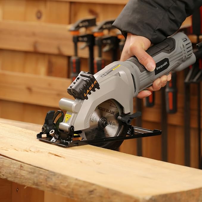 Mini Circular Saw, 4Amp 3500RPM Corded Compact Saw with 4-1/2" 24T TCT Blades, Laser Guide, Rip Guide, Vacuum Adapter and Blade Wrench, Max Cutting Depth 1-11/16"(90°), 1-1/8"(45°）