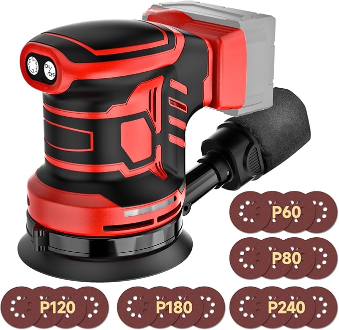 5-Inch Random Orbital Sander, Cordless Sanding Machine Compatible with Milwaukee 20V Battery(NO Battery), Brushless Electric Sander with Dust Collector (Dark Red)