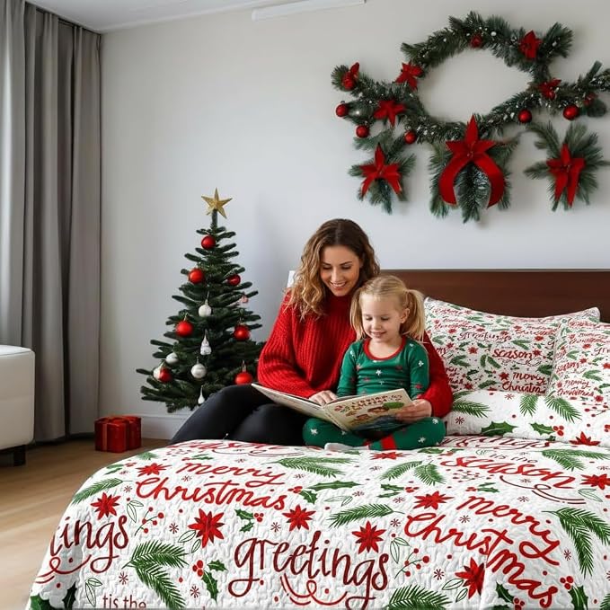 Merry Christmas Boho Red Quilt Set King- Leaves Berry Flowers Printed Holiday Bedding Set - Soft Microfiber Lightweight Comforter Coverlet Bedspread(Leaves, King(90"x104"))