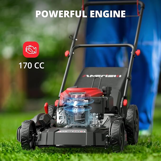 AMERISUN Gas Lawn Mower, 170cc OHV Engine with Forced Air Cooling, 21" Steel Deck, 3-in-1 Mulching/Bagging/Side Discharge, 6 Cutting Heights, 1.4-Bushel Grass Catcher, Self-Propelled