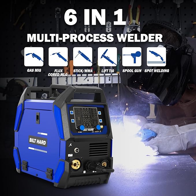 BILT HARD Aluminum 250A MIG Welder, Gas MIG/Flux Core MIG/Lift TIG/Stick/Spot Welding/Spool Gun Compatible 6-in-1 Welding Machine, 110V/220V Multi-Process Welder w/LED Display, IGBT Inverter