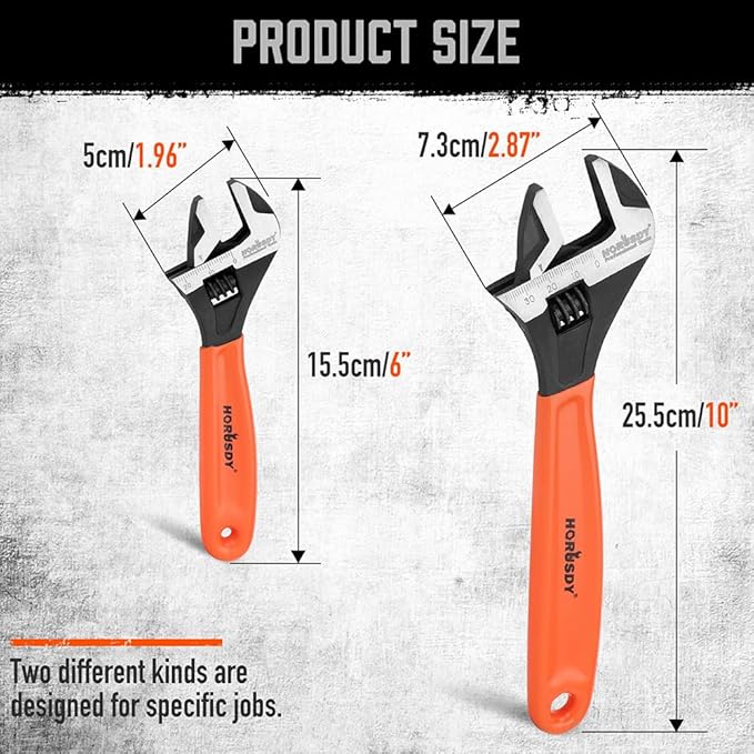 HORUSDY Adjustable Wrench Set | 2-Piece | 6-Inch and 10-Inch Wrenches | Metric & SAE Scales | Cushion Grip Wrench | Cr-V Steel