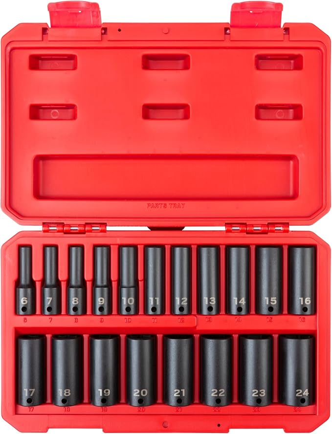 TEKTON 3/8 Inch Drive Deep 6-Point Impact Socket Set, 19-Piece (6-24 mm) - Case | SID91303 | (6 - 24 mm), Deep, 6-Point, Case