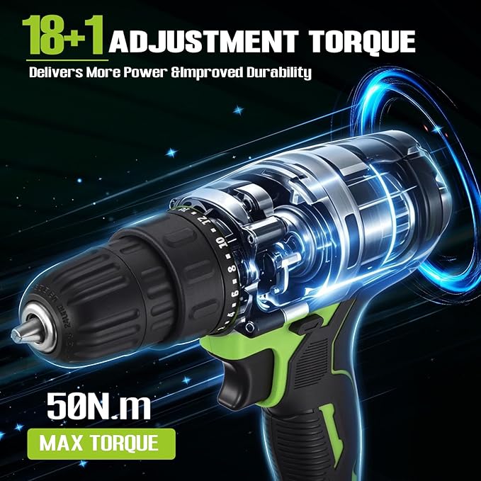 WORKBLESS 21V Power Drill Set, Cordless Drill with Batteries and Charger, 3/8'' Keyless Chuck, Variable Speed, 18+1 Torque Setting and 28pcs Bits Tool Set(Green, 2 Batteries)