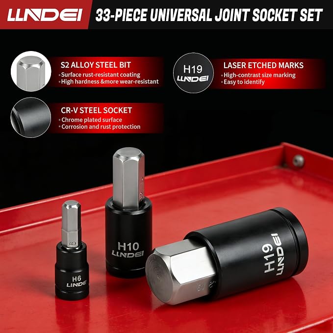 LLNDEI 33Pcs Allen Hex Bit Socket Set SAE/Metric | 5/64-3/4" & 2-19mm, CR-V & S2 Steel, 1/4 3/8 1/2" Drive, Impact Grade, For Automotive & DIY