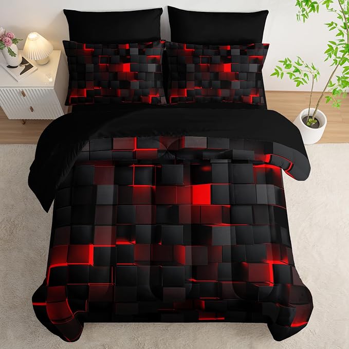 Nttopship Geometric Red Black Queen Comforter Set,Light Honeycomb Bedding Set 7 Piece in A Bag,Bed Sheet Set Geometry Decor,Microfiber Lightweight All Season