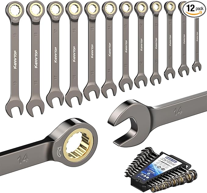 12-Piece Ratcheting Wrench Set (Metric),72 Teeth Ratchet Combination Wrenches Set with Organizer Rack,Cr-V Steel,8-19mm(12PCS),Black Nickel Handle with Golden Ratchet