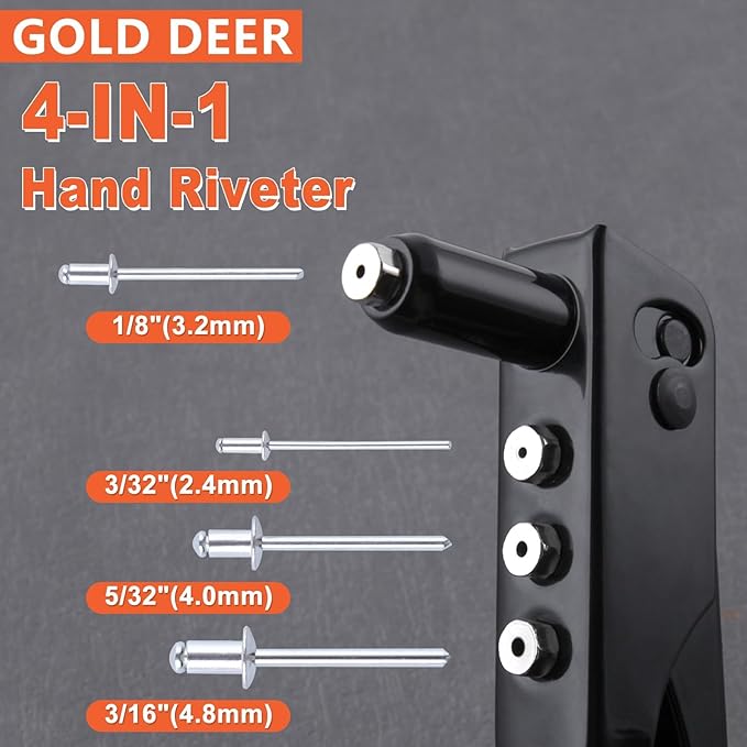 4-in-1 Heavy Duty Hand Riveter Rivet Gun Pop Rivet Tool Kit with 100 Rivets 3/32-inch, 1/8-inch, 5/32-inch, 3/16-inch,4 Interchangeable Nosepieces for Metal,Plastic,Wood and Leather